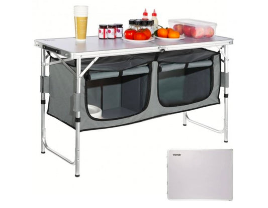 Camping Kitchen Table, Quick set-up Folding Camping Table with A Carrying Bag, 3 Adjustable Heights, MDF Camping Table, Ideal for Outdoor Picnics, BBQs, Camping, RV Traveling