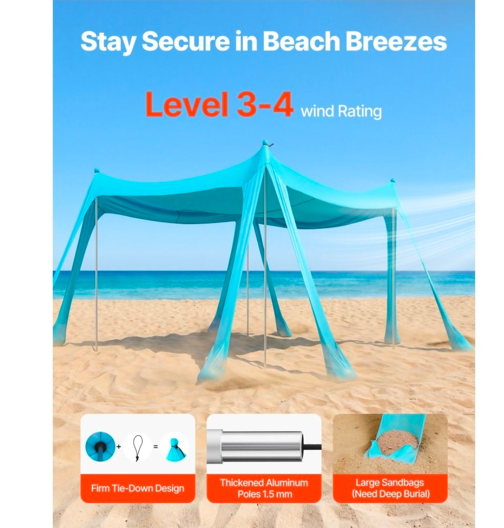Beach Tent Sun Shelter, UPF50+ Sun Protection, 6.6 ft Tall, 10 x 10 ft, Easy Pop Up Beach Canopy with Sandbags, Stability Poles, Sand Shovels, Portable Shade for Family, Camping, Fishing