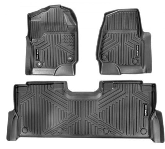 Automotive Floor Mats, Fits for Ford F250 F350 F450 F550 2017-2024 2025 Super Duty Crew Cab Bucket Seat with Under Seat Storage, 3 pcs Front and 2nd Row Liners, Floor Liners for Trucks, Black