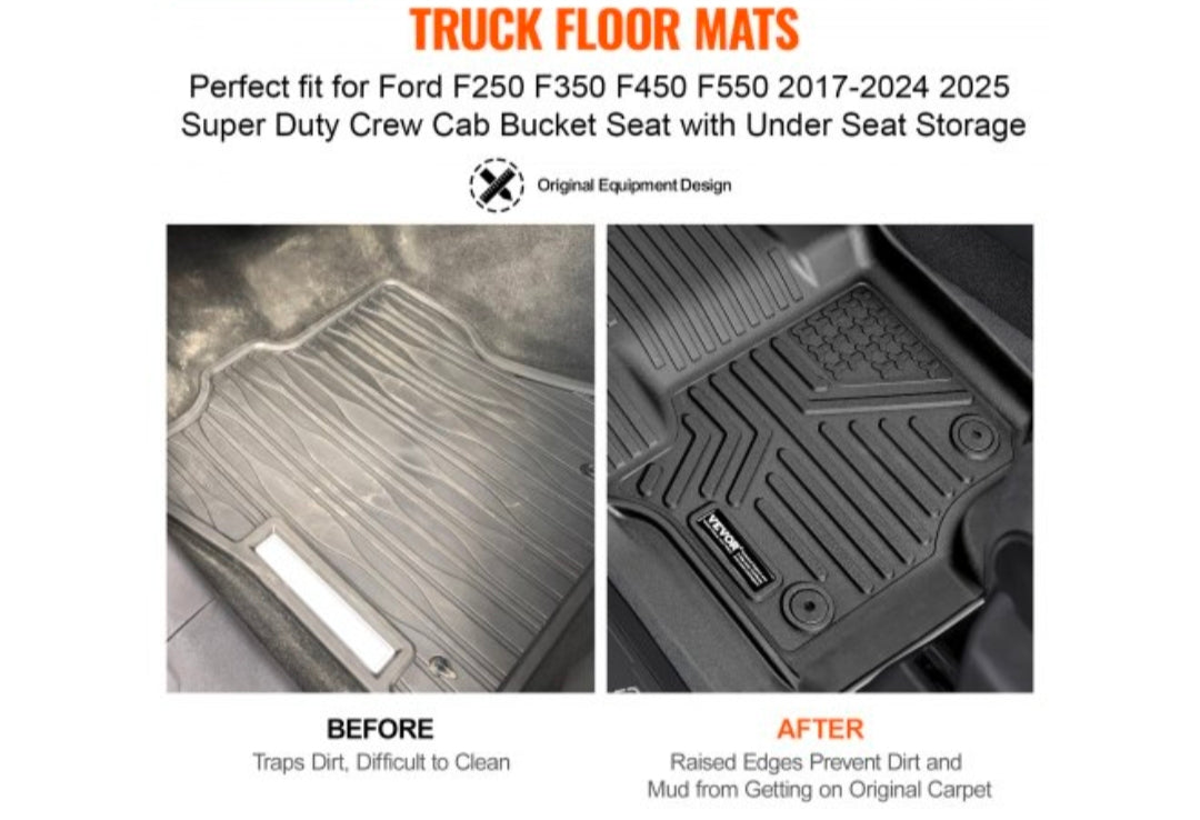 Automotive Floor Mats, Fits for Ford F250 F350 F450 F550 2017-2024 2025 Super Duty Crew Cab Bucket Seat with Under Seat Storage, 3 pcs Front and 2nd Row Liners, Floor Liners for Trucks, Black