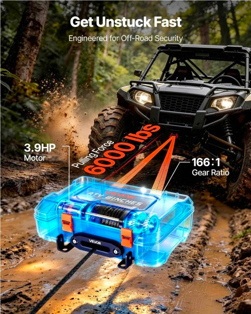 Portable Winch, 6000 lbs 12V DC Electric Winch with Synthetic Rope, Wireless & Wired Remotes, Box-Style Recovery Kit with Fairlead, Clevis Hook, Strap for ATV UTV Off-Road Outdoor Pulling Tasks