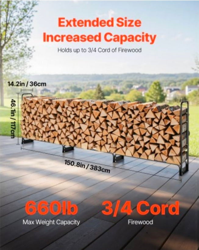 Firewood Rack with Waterproof Cover, 150 x 14 x 46 in Outdoor Firewood Holder, 660lb Weight Capacity, 1/2 Cord Log Holder, Half-Covered, Powder-coated Wood Storage Rack for Fireplace Deck