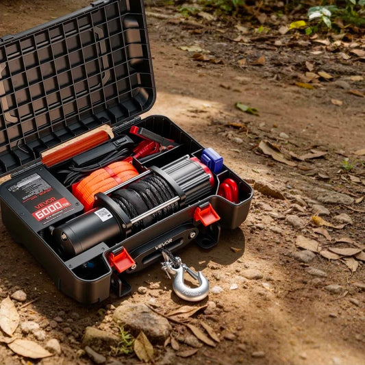 Portable Winch, 6000 lbs 12V DC Electric Winch with Synthetic Rope, Wireless & Wired Remotes, Box-Style Recovery Kit with Fairlead, Clevis Hook, Strap for ATV UTV Off-Road Outdoor Pulling Tasks
