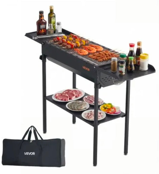 VEVOR Foldable Charcoal Grill, Portable Charcoal Barbecue Grill with Adjustable Height & Folding Side Tables, High-Temp Powder-Coated Steel Outdoor BBQ Grills for Camping Backyard Parties