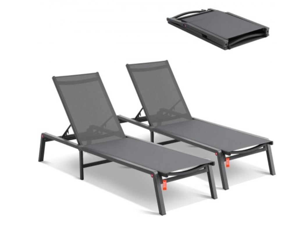 Chaise Lounge Chairs Outdoor, Aluminum Patio Lounge Chairs with Adjustable 5-Position, Folding Pool Lounge Chairs Recliner and Full Flat Tanning Chairs for Patio, Beach, Pool,2 pcs