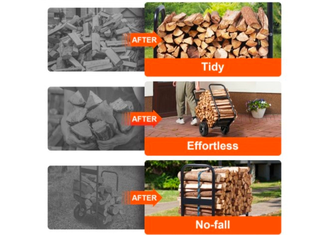 Firewood Log Cart, 250 lbs Capacity, Outdoor and Indoor Wood Rack Storage Mover with PU Wheels & Waterproof Cloth, Heavy Duty Steel Dolly Hauler, Firewood Carrier for Fireplace, Fire Pit