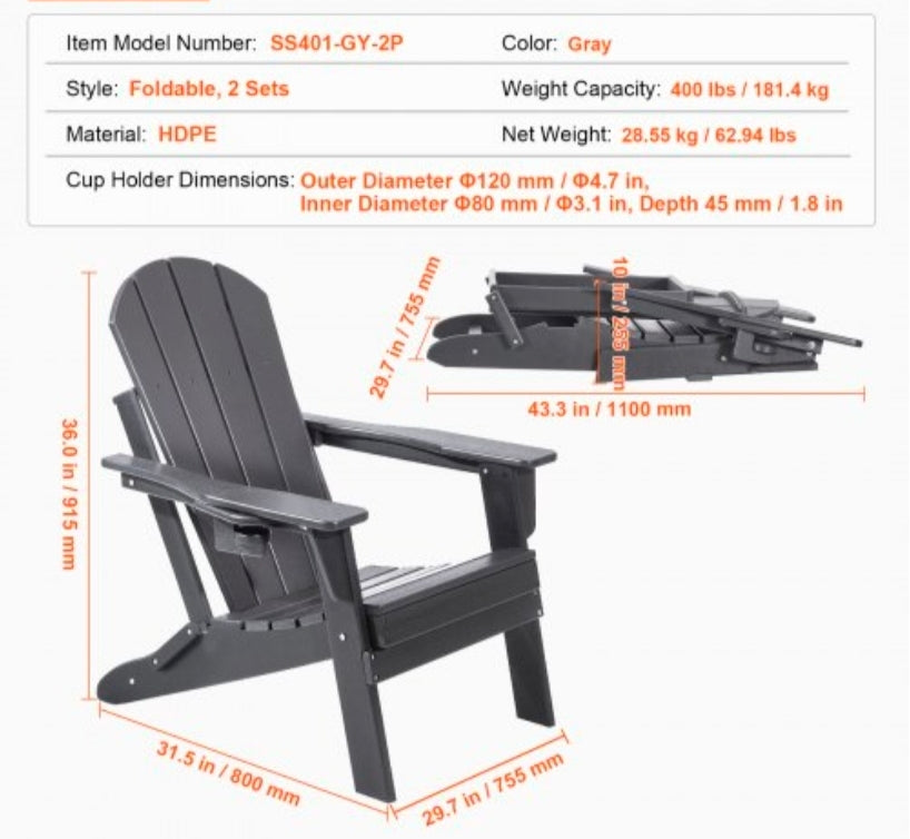 Adirondack Chair Plastic, Set of 2 All-Weather Portable Folding Fire Pit Chair, Outdoor Adirondack Patio Chair with Cup Holder, with Relaxing Arm Rest Ergonomic, for Garden, Backyard