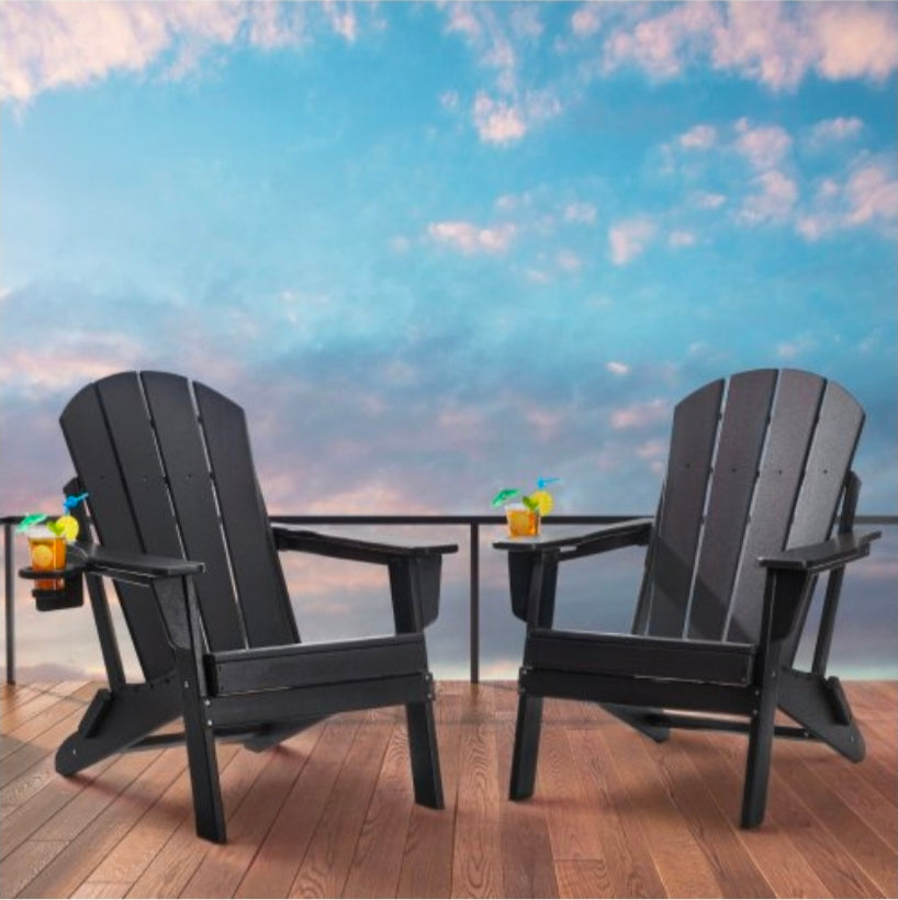 Adirondack Chair Plastic, Set of 2 All-Weather Portable Folding Fire Pit Chair, Outdoor Adirondack Patio Chair with Cup Holder, with Relaxing Arm Rest Ergonomic, for Garden, Backyard