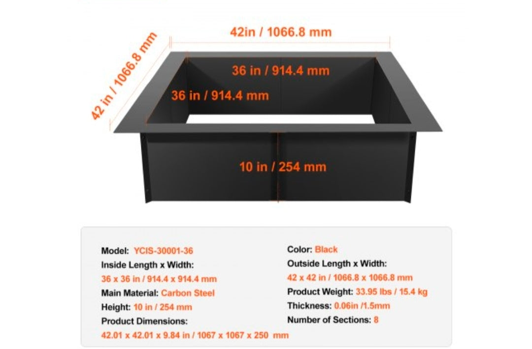 Fire Pit Ring, 42x42 in Outer/36x36 in Inner Diameter, 10inch Height Square Fire Pit Insert, Heavy Duty Carbon Steel Liner DIY Campfire Ring above or In-Ground, for Outdoor Camping, Bonfires