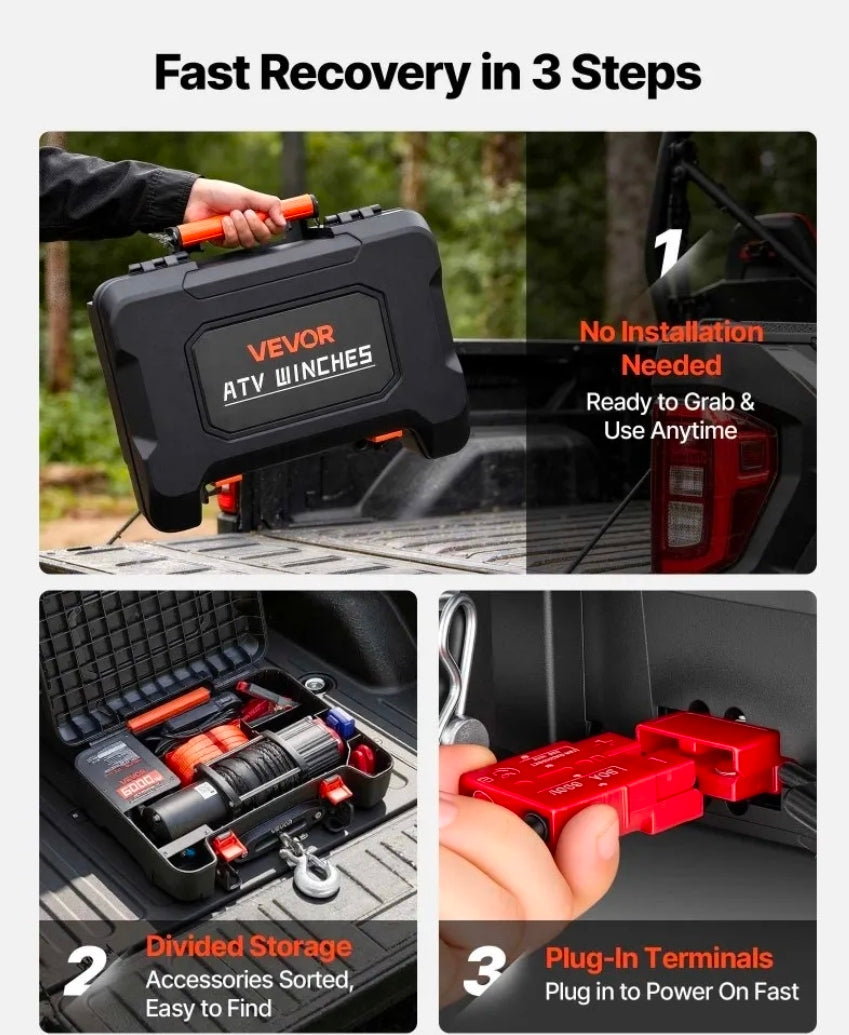 Portable Winch, 6000 lbs 12V DC Electric Winch with Synthetic Rope, Wireless & Wired Remotes, Box-Style Recovery Kit with Fairlead, Clevis Hook, Strap for ATV UTV Off-Road Outdoor Pulling Tasks