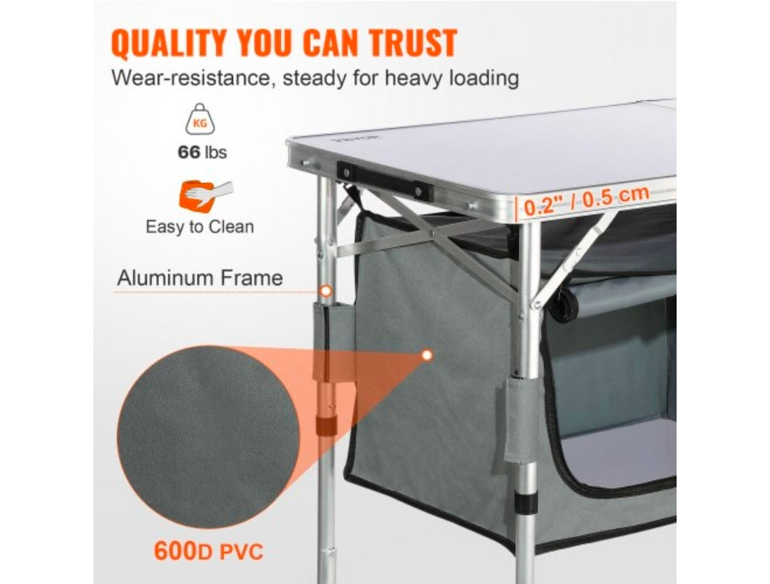 Camping Kitchen Table, Quick set-up Folding Camping Table with A Carrying Bag, 3 Adjustable Heights, MDF Camping Table, Ideal for Outdoor Picnics, BBQs, Camping, RV Traveling