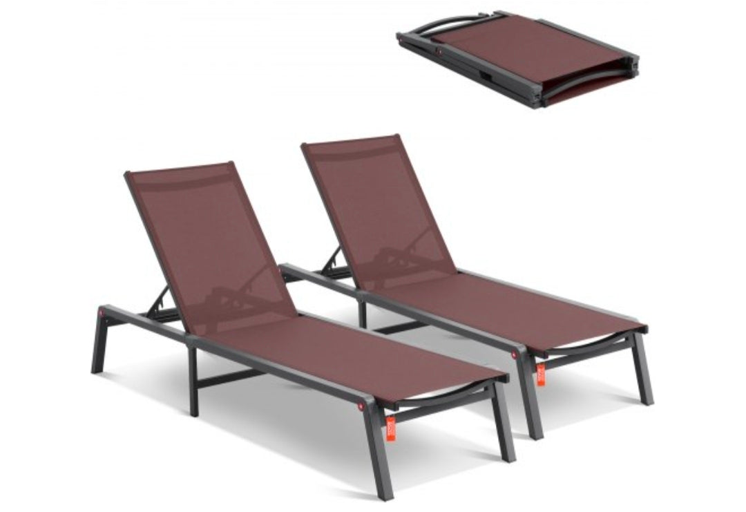 Chaise Lounge Chairs Outdoor, Aluminum Patio Lounge Chairs with Adjustable 5-Position, Folding Pool Lounge Chairs Recliner and Full Flat Tanning Chairs for Patio, Beach, Pool,2 pcs