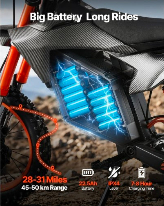 Electric Dirt Bike for Teens Adults, 2000W Motor, 31 MPH Speed, 31 Miles Max Range, 48V 22.5Ah Battery, Off-Road Motorcycle with Light, Display, Dual Suspension & Hydraulic Brakes for Age 14+