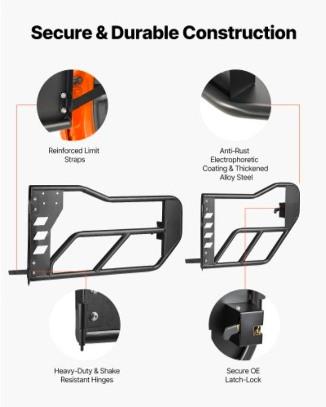 Jeep Tube Doors, 4-Door, Compatible with 2007-2018 Jeep Wrangler JK Unlimited, Alloy Steel Off Road Front & Rear Tubular Half Doors with Storage Bag, Rubber Pads, Heavy-Duty Hinges and OE Latch