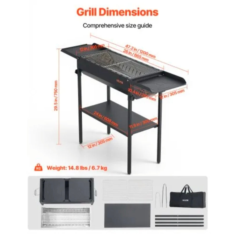 VEVOR Foldable Charcoal Grill, Portable Charcoal Barbecue Grill with Adjustable Height & Folding Side Tables, High-Temp Powder-Coated Steel Outdoor BBQ Grills for Camping Backyard Parties