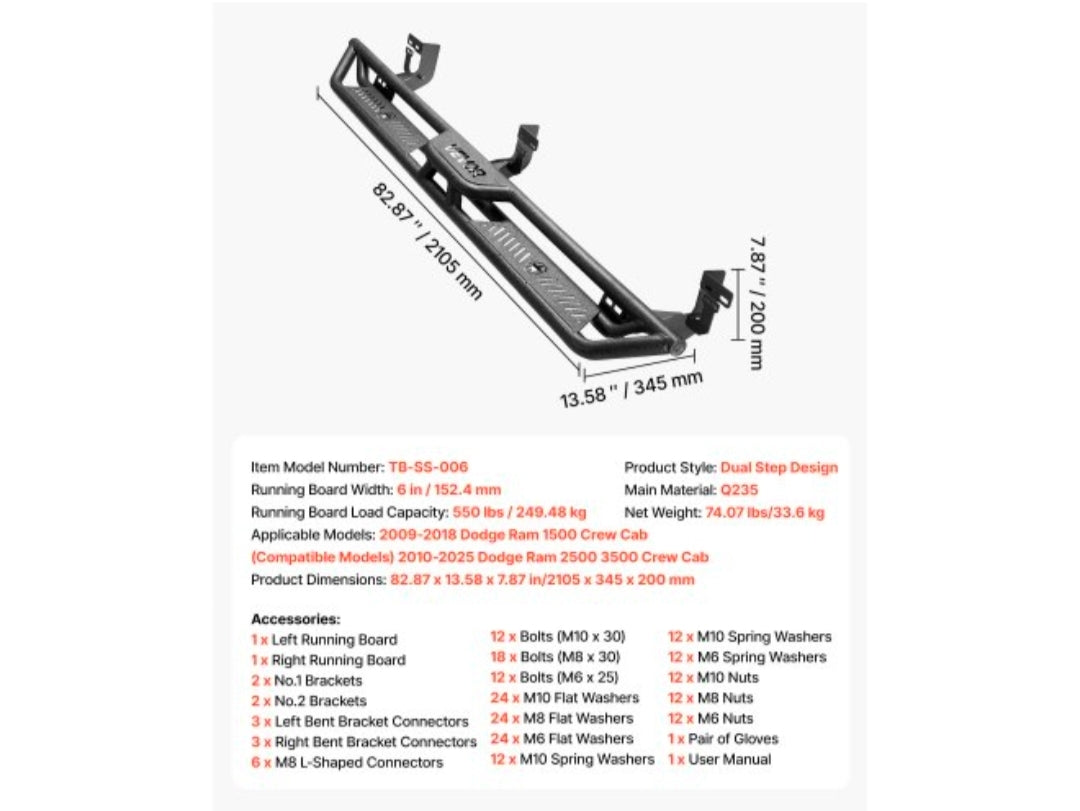 Running Boards, 6 Inches Side Steps Compatible with 2009-2018 Dodge Ram 1500 Crew Cab, 2010-2025 Dodge Ram 2500 3500 Crew Cab(Not Fit 2019-2025 Ram 1500 New Body), Wide Non-Slip Black Carbon Steel Nerf Bars, 550 lbs Load Capacity