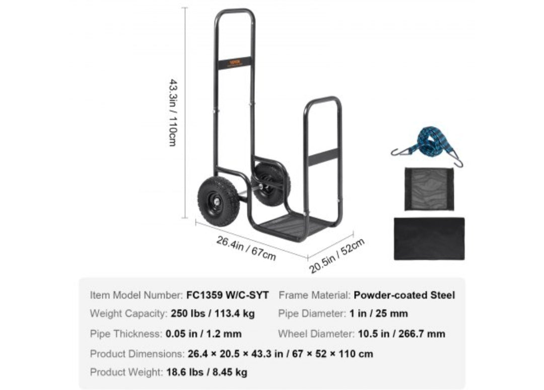 Firewood Log Cart, 250 lbs Capacity, Outdoor and Indoor Wood Rack Storage Mover with PU Wheels & Waterproof Cloth, Heavy Duty Steel Dolly Hauler, Firewood Carrier for Fireplace, Fire Pit
