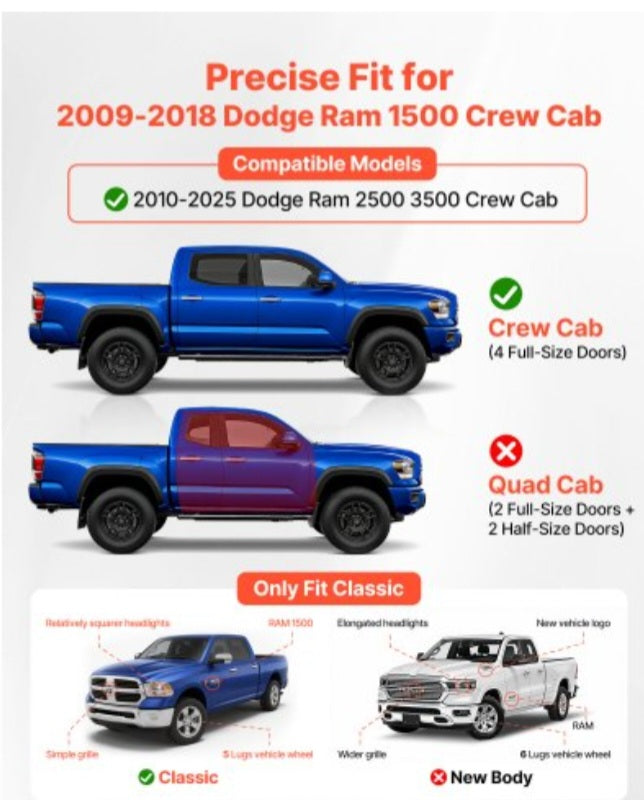 Running Boards, 6 Inches Side Steps Compatible with 2009-2018 Dodge Ram 1500 Crew Cab, 2010-2025 Dodge Ram 2500 3500 Crew Cab(Not Fit 2019-2025 Ram 1500 New Body), Wide Non-Slip Black Carbon Steel Nerf Bars, 550 lbs Load Capacity