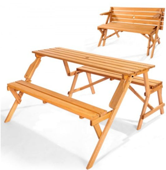 2-in-1 Transforming Interchangeable Picnic Table, Outdoor Wooden Table and Bench Set, Portable Foldable Bench with Umbrella Hole, Patio Dining Furniture for Garden, Backyard, Porch (Brown)