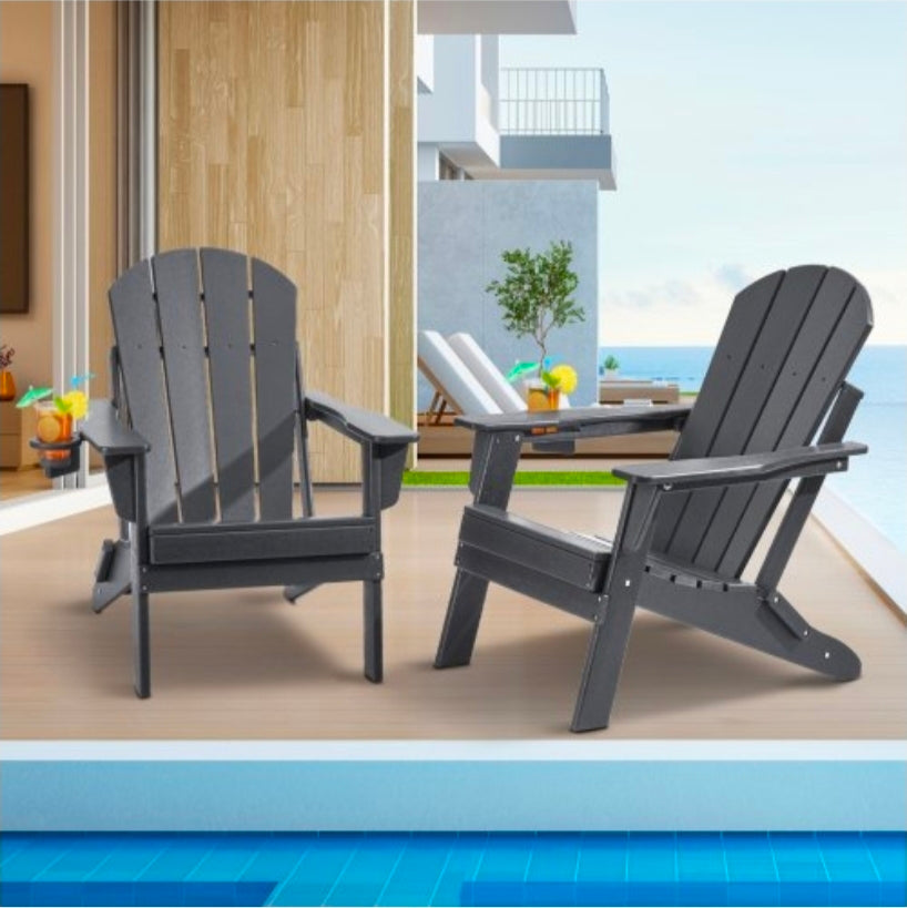 Adirondack Chair Plastic, Set of 2 All-Weather Portable Folding Fire Pit Chair, Outdoor Adirondack Patio Chair with Cup Holder, with Relaxing Arm Rest Ergonomic, for Garden, Backyard