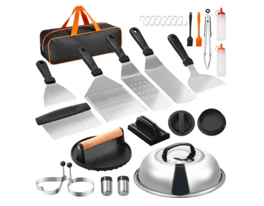 28PCS Griddle Accessories Kit, Flat Top Grill Accessory, Enlarged Spatula Gift Set, Stainless Steel Grilling Tools with Basting Cover, Tong, Burger Press, Carry Bag, for Outdoor BBQ Teppanyaki