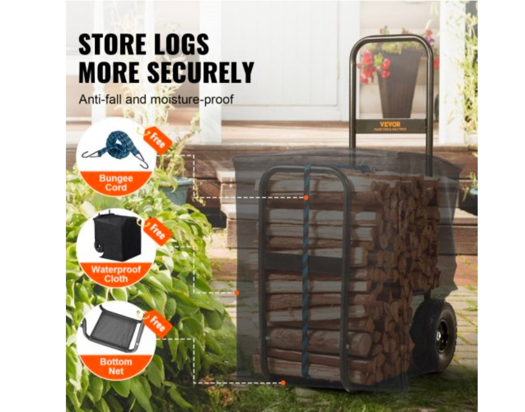 Firewood Log Cart, 250 lbs Capacity, Outdoor and Indoor Wood Rack Storage Mover with PU Wheels & Waterproof Cloth, Heavy Duty Steel Dolly Hauler, Firewood Carrier for Fireplace, Fire Pit