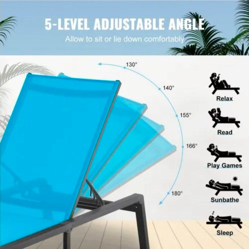 Chaise Lounge Chairs Outdoor, Aluminum Patio Lounge Chairs with Adjustable 5-Position, Folding Pool Lounge Chairs Recliner and Full Flat Tanning Chairs for Patio, Beach, Pool,2 pcs