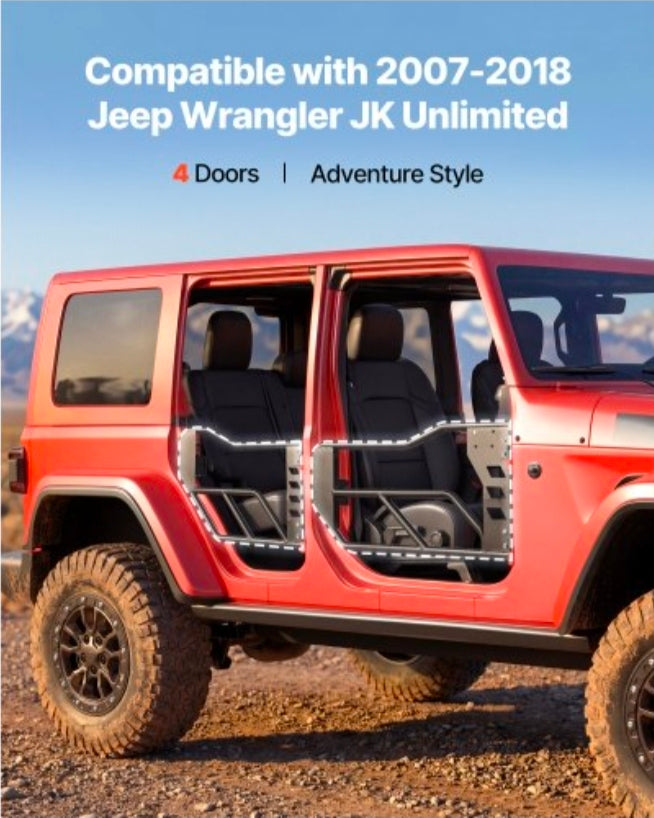 Jeep Tube Doors, 4-Door, Compatible with 2007-2018 Jeep Wrangler JK Unlimited, Alloy Steel Off Road Front & Rear Tubular Half Doors with Storage Bag, Rubber Pads, Heavy-Duty Hinges and OE Latch