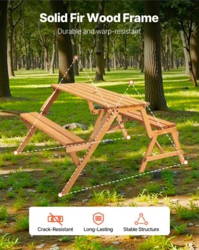 2-in-1 Transforming Interchangeable Picnic Table, Outdoor Wooden Table and Bench Set, Portable Foldable Bench with Umbrella Hole, Patio Dining Furniture for Garden, Backyard, Porch (Brown)