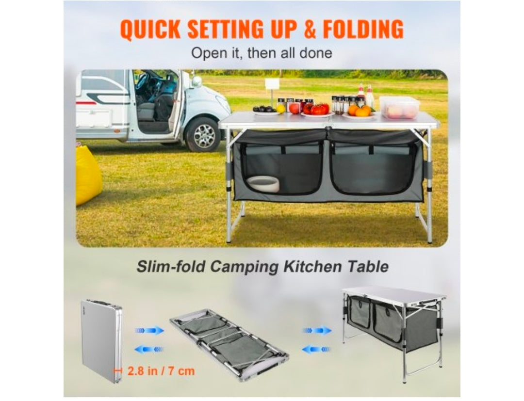 Camping Kitchen Table, Quick set-up Folding Camping Table with A Carrying Bag, 3 Adjustable Heights, MDF Camping Table, Ideal for Outdoor Picnics, BBQs, Camping, RV Traveling