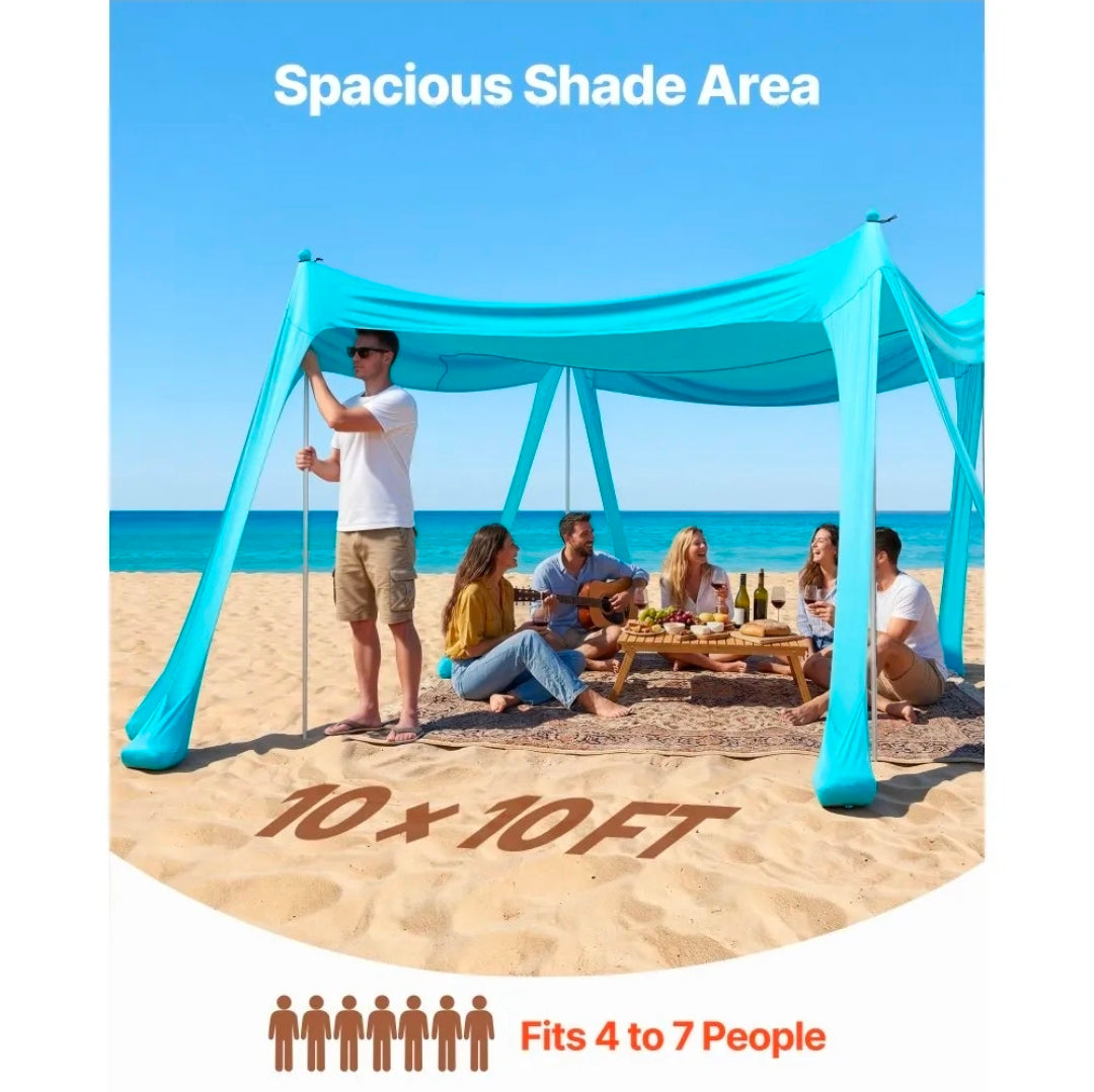 Beach Tent Sun Shelter, UPF50+ Sun Protection, 6.6 ft Tall, 10 x 10 ft, Easy Pop Up Beach Canopy with Sandbags, Stability Poles, Sand Shovels, Portable Shade for Family, Camping, Fishing