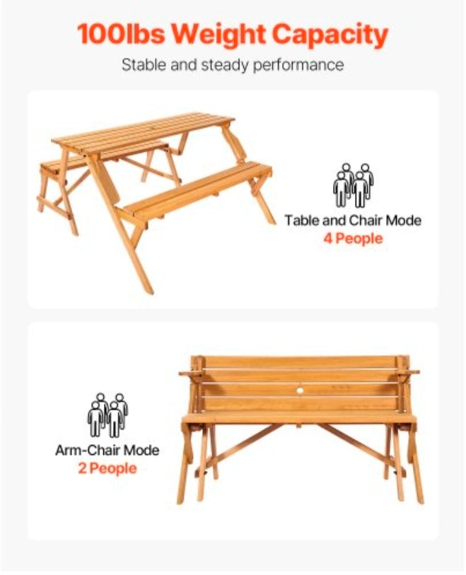 2-in-1 Transforming Interchangeable Picnic Table, Outdoor Wooden Table and Bench Set, Portable Foldable Bench with Umbrella Hole, Patio Dining Furniture for Garden, Backyard, Porch (Brown)